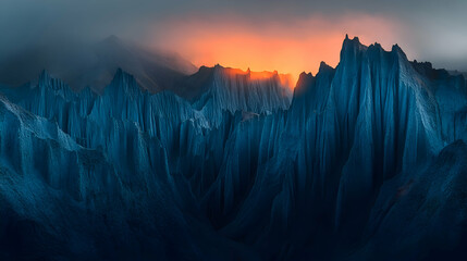 The sharp ridges of a sandstone canyon in the Mojave Desert, illuminated by the soft hues of an approaching sunrise