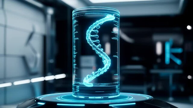 Futuristic glowing DNA spiral in a laboratory with holographic DNA molecule