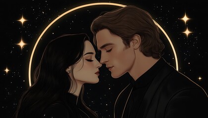 Romantic couple embracing with a golden halo in a starry sky