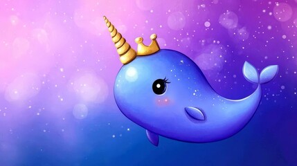 Watercolor Narwhal Princess Illustration - Adorable narwhal with a golden crown, symbolizing magic, , wonder, ocean, and childhood dreams. A whimsical underwater scene
