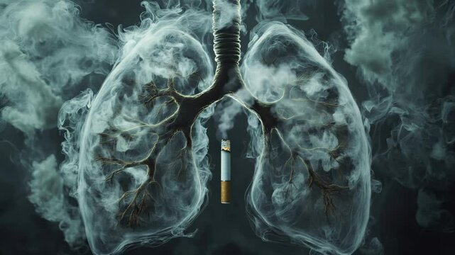 Lungs made of smoke with burning cigarette, representing smoking harm.
