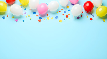 Festive Bright Colorful Balloons Confetti Party Celebration Flat Lay Light Blue Background