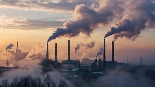 Factory with smoking chimneys at sunrise, Industrial landscape with chimneys releasing thick smoke, polluting the air.