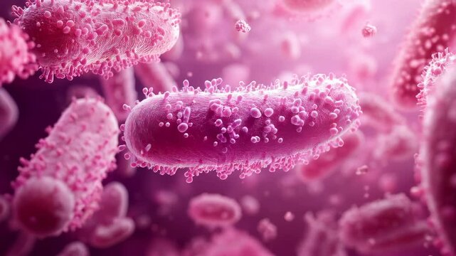 Pink bacteria under a microscope. Scientific image of bacteria magnified under a microscope with pink glowing details.