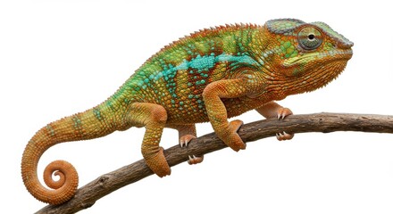 Obraz premium A colorful chameleon perched on a branch with a white background in a studio setting view from the side
