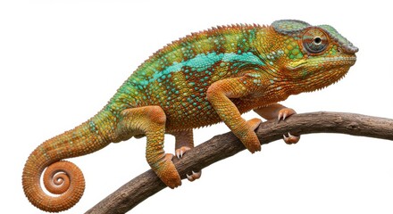 Obraz premium A colorful chameleon perched on a branch against a plain white background in a studio shot