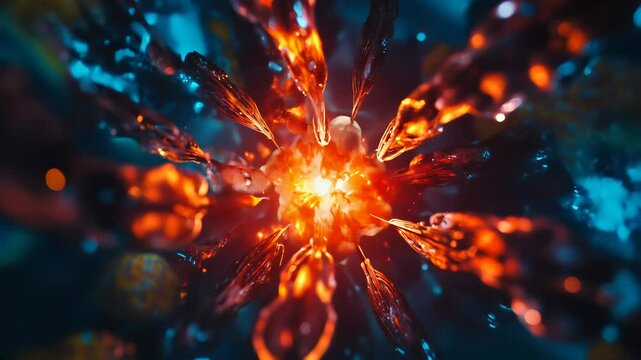 Energy explosion of light and particles, abstract explosion of light and energy resembling a cosmic or chemical reaction.