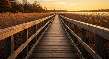Fototapeta premium Wooden boardwalk stretches into the distance at sunset through tall golden reeds and a tranquil lake