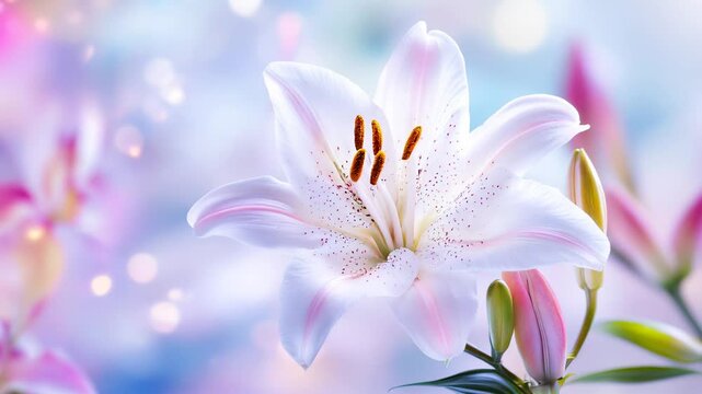 Elegant lily flower in soft lighting, symbolizing purity and tenderness, delicate white lily with pink accents