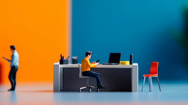 Miniature office scene with tiny figures, tiny figurines in a detailed office setting symbolize teamwork and business strategy.