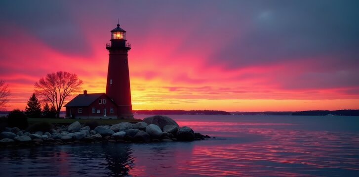 Ann Arbor's iconic lighthouse at sunset Beacons, sky, water, dusk, Michigan , view, beacon