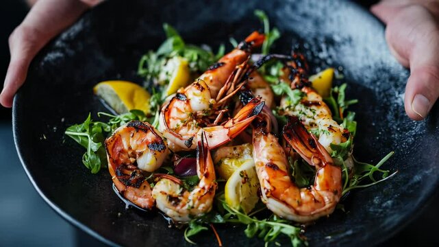 Grilled shrimp dish with lemon, a gourmet seafood plate served with fresh greens and herbs.