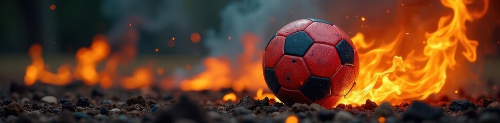 Fototapeta premium Charred football amidst intense flames, smoke billows , hot, competition, burnt