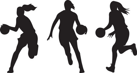 Set of Dynamic Silhouette of Female Basketball Players in Action