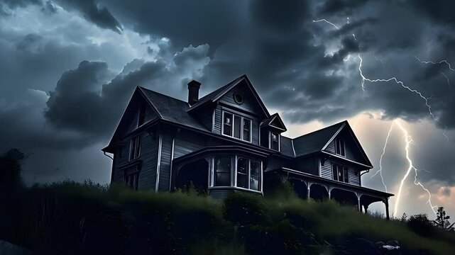 An old haunted house stands amidst a rural landscape, where ominous clouds fill the blue sky above the decaying building