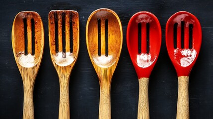 Wooden and red slotted spoons displayed on black background