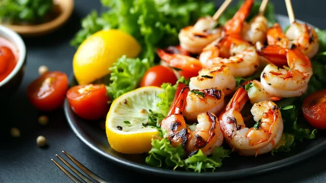 Grilled shrimp skewers with greens, a flavorful seafood dish garnished with fresh herbs and served on a plate.