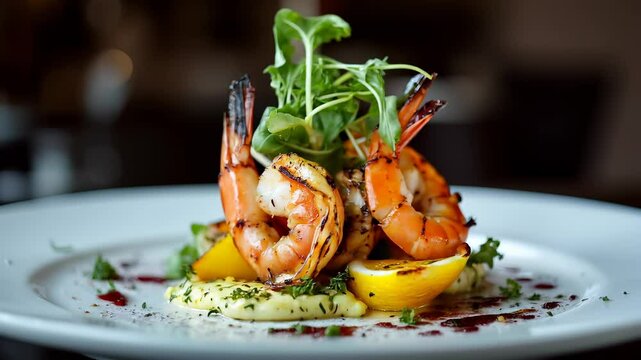 Elegant shrimp dish with lemon, a gourmet seafood plate beautifully presented with fresh herbs and sauce.