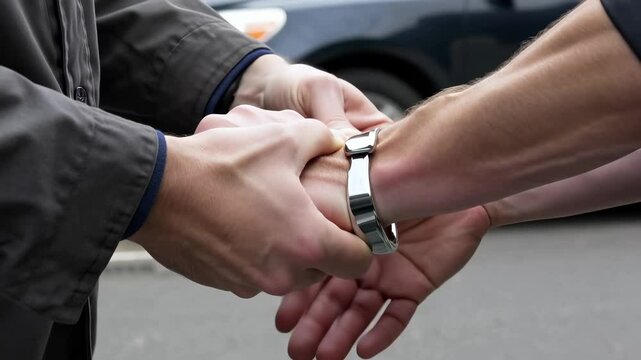 Arrest and handcuffs, a close-up shot showing a police officer securing a suspect&rsquo;s wrists.