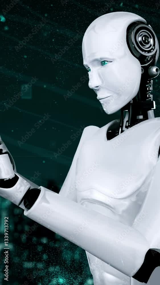 Poster internet connection controlled by ai robot huminoid and machine learning process to analyze data con