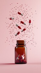 Capsules float out of an amber medicine bottle against a serene light pink background, suggesting healing.