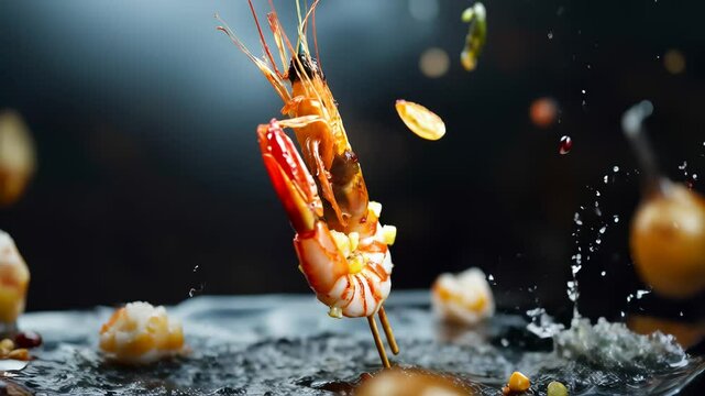 Dynamic shrimp splash, a high-speed shot of grilled shrimp and lemon splashing in water, showcasing freshness and movement.