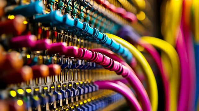 Colorful cables connected on a patch panel in a modern data center during evening hours