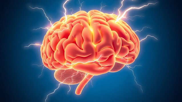 Human brain digital illustration. Electrical activity, flashes,Electrified Human Brain – Neural Energy and Cognitive Power ,Electrified Human Brain – Neural Energy and Cognitive Power

