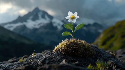 A small white flower is growing on a rock in the mountains