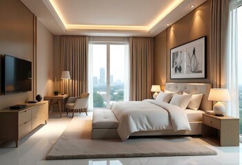 Fototapeta premium A contemporary bedroom with a plush couch, a neatly made bed, and a wall-mounted television for relaxation