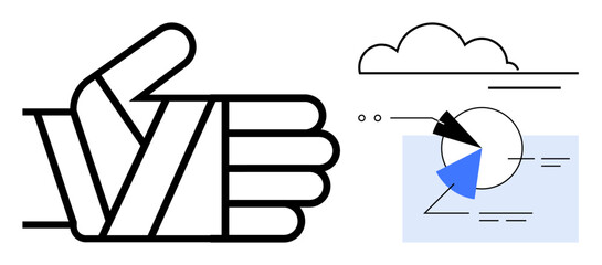 Hand giving a thumbs-up outlined in bold lines alongside cloud, pie chart, and abstract shapes. Ideal for data success, approval, teamwork, analytics, communication performance feedback. Flat