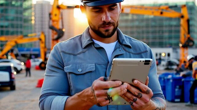 Construction worker using a tablet, a modern professional managing site tasks digitally.