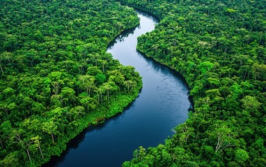 Of a river winding through a dense jungle, with thick trees lining the banks