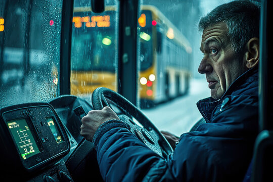Grey haired bus driver carefully navigates rainy city streets, providing essential public transport, focused on safety and schedule adherence in challenging weather conditions.