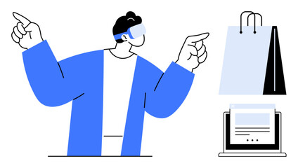 Person wearing VR headset interacts with virtual objects, including shopping bags and a laptop. Ideal for technology, e-commerce, innovation, retail, virtual reality, digital transformation, online