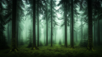 Fototapeta premium mystical evergreen forest shrouded in soft mist with a serene atmosphere