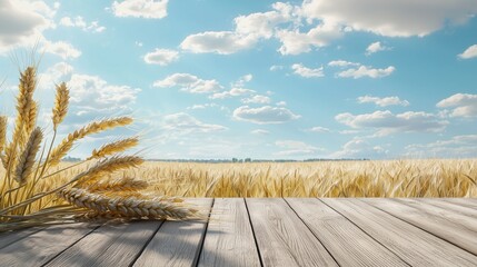 There are two golden wheat ears on the wooden floor, with a wheat field and blue sky. 10
