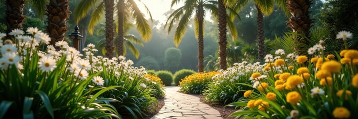 A serene garden path lined with vibrant flowers and palm trees, inviting viewers to explore the lush greenery and colorful blooms in soft, warm light.