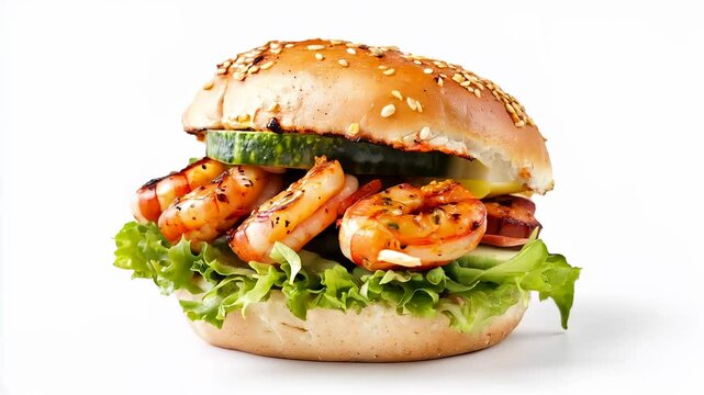 Gourmet shrimp burger with lettuce and cucumber, a unique seafood sandwich concept.