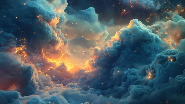 The sky is filled with clouds and the sun is setting. The clouds are illuminated with a warm orange glow, creating a serene and peaceful atmosphere