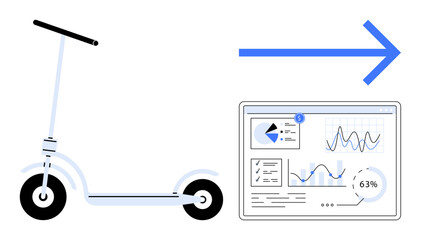 Electric scooter paired with digital analytics dashboard showing graphs and charts, blue arrow symbolizing forward movement. Ideal for technology, mobility, innovation, data, efficiency, growth