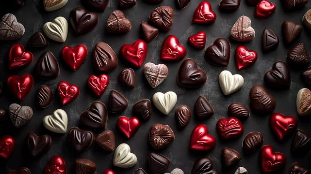 Heart-shaped chocolates in various colors, a romantic confectionery assortment for gifting.