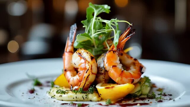 Gourmet shrimp dish with balsamic drizzle, a fine dining seafood delicacy.
