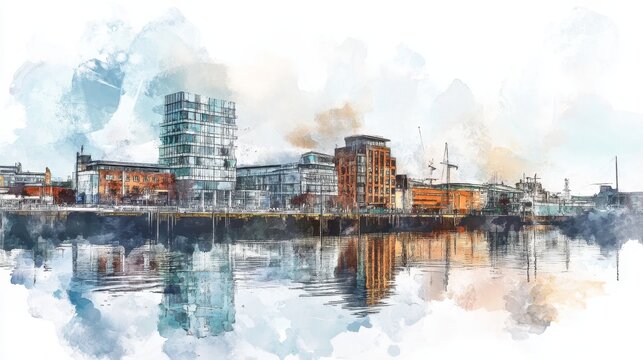 Belfast Waterfront Watercolor Scene - A serene watercolor painting of Belfast's waterfront, symbolizing urban development, industrial heritage, reflection, tranquility, and progress