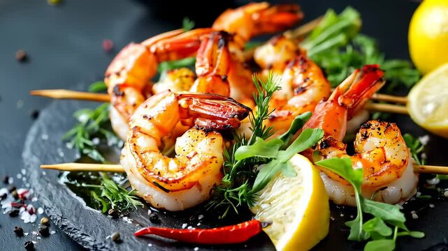 Artistic shrimp platter with sauce, a creative seafood presentation for fine dining.