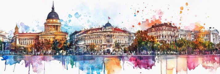 Fototapeta premium Bucharest Watercolor Panorama - Vibrant watercolor cityscape of Bucharest, Romania. Symbolizing architecture, culture, history, beauty, and travel
