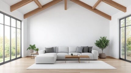 Fototapeta premium Modern Minimalist Living Room with Large Windows and Wooden Beams Showcasing Nature-Inspired Interior Design