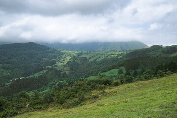 Obraz premium A serene landscape of rolling green hills and dense forests under a cloudy sky in the north of Spain.