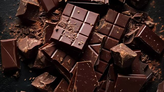 Cracked dark chocolate pieces, a rich and indulgent sweet treat.