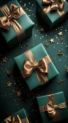 Overhead shot of teal and gold gift boxes with ribbon and star confetti creates festive and elegant scene.